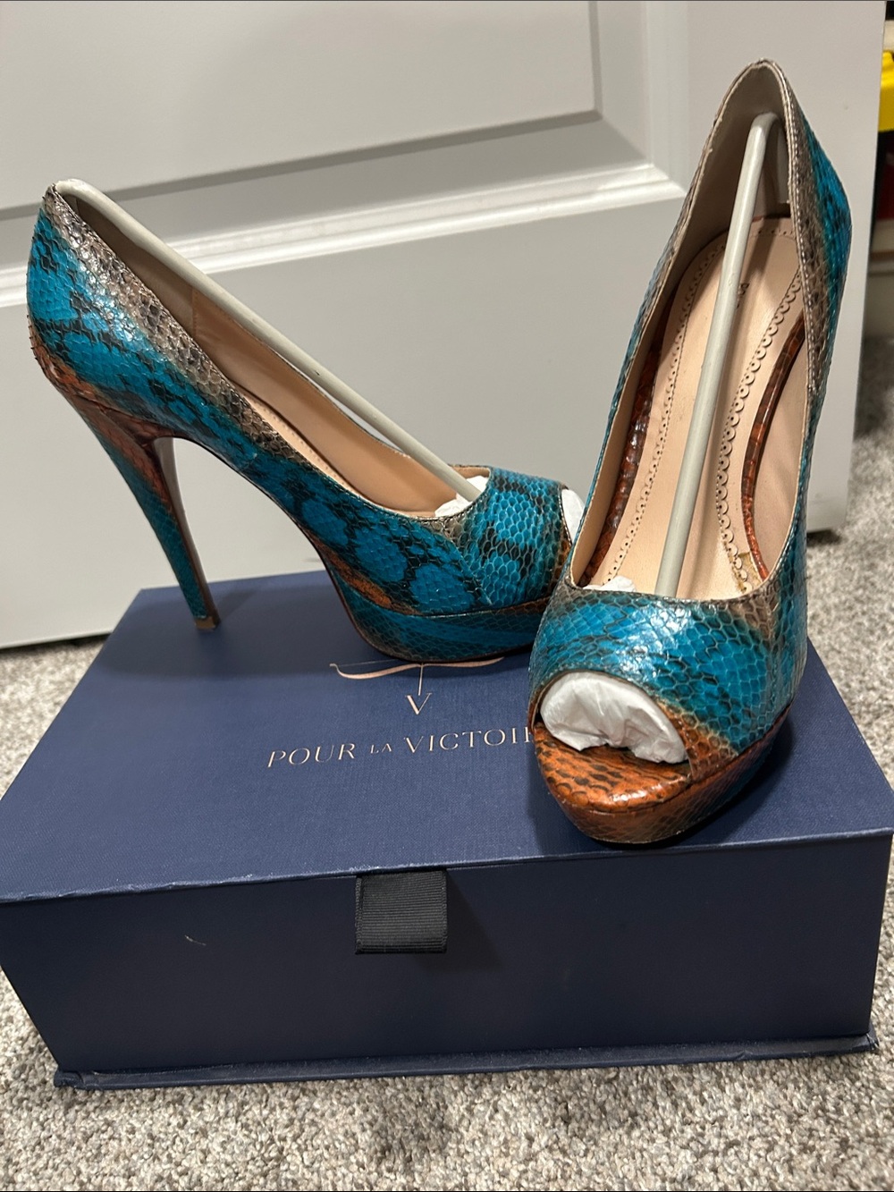 Pour La Victoire Turquoise and Brown Snake-Print Peep-Toe Stilettos
